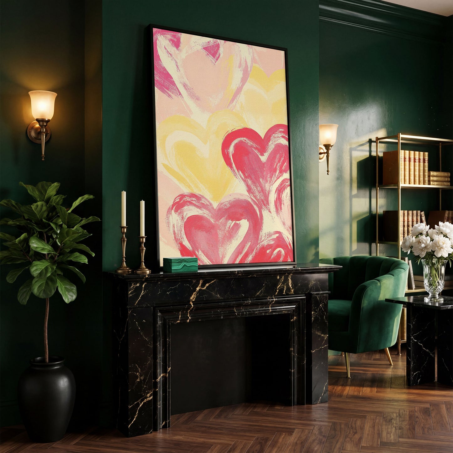 Pink & Yellow Heart Canvas Print in black floating frame