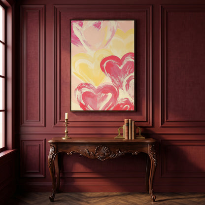 Pink & Yellow Heart Canvas Print in dark walnut floating frame