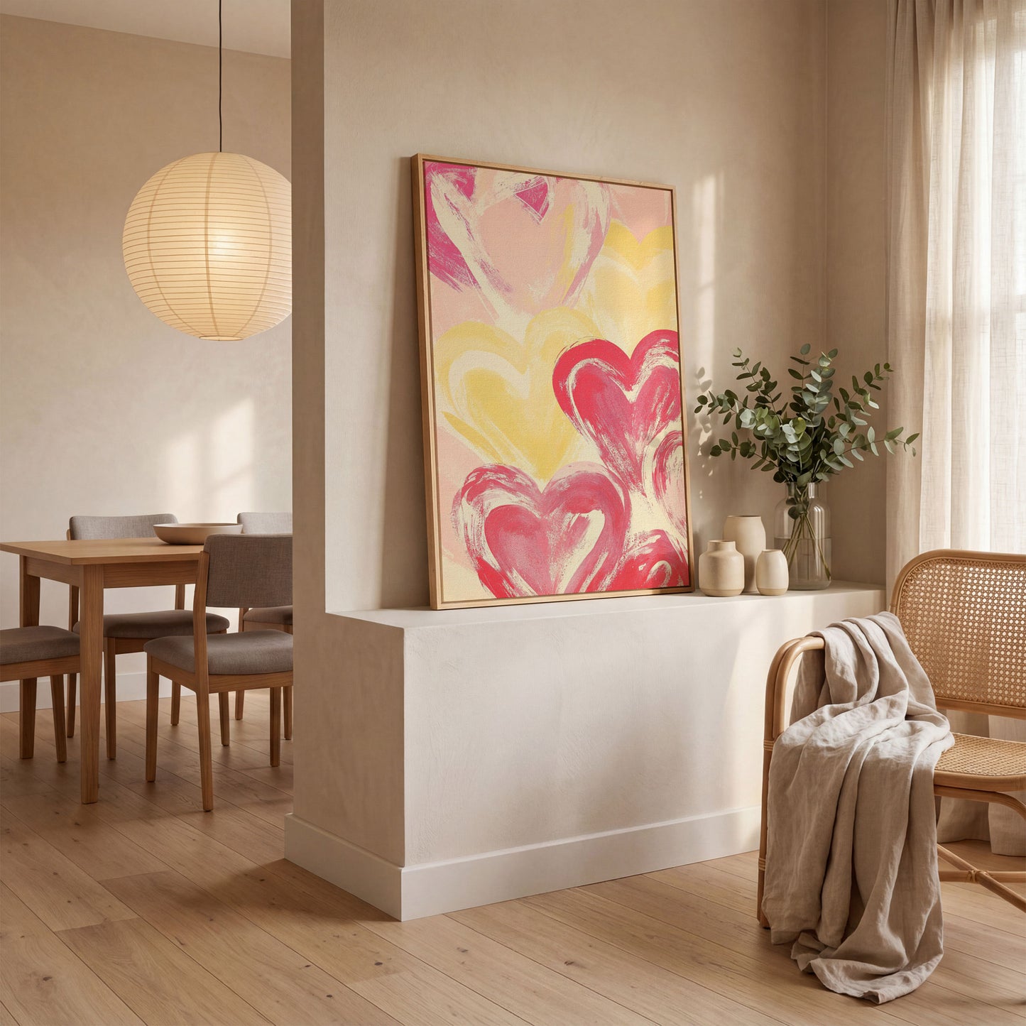 Pink & Yellow Heart Canvas Print in white oak floating frame