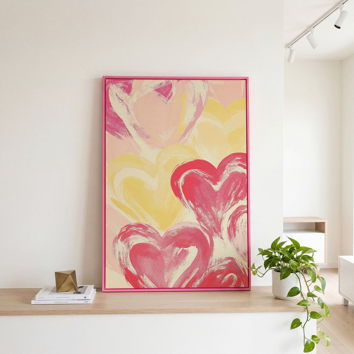 Pink & Yellow Heart Canvas Print in pink floating frame