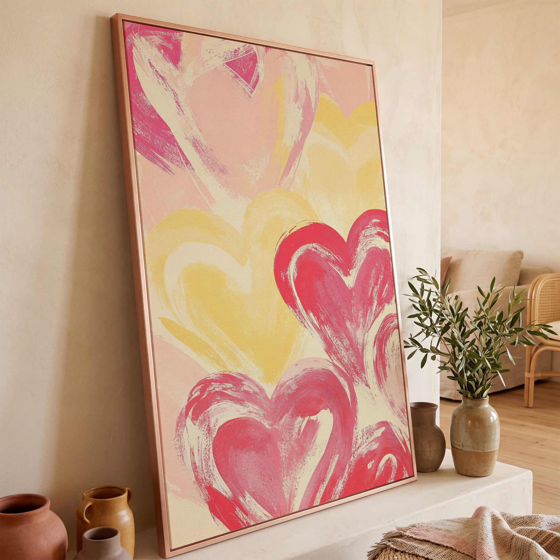 Pink & Yellow Heart Canvas Print in rose gold floating frame