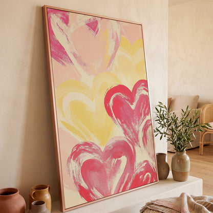 Pink & Yellow Heart Canvas Print in rose gold floating frame