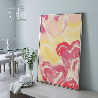 Pink & Yellow Heart Canvas Print in silver floating frame