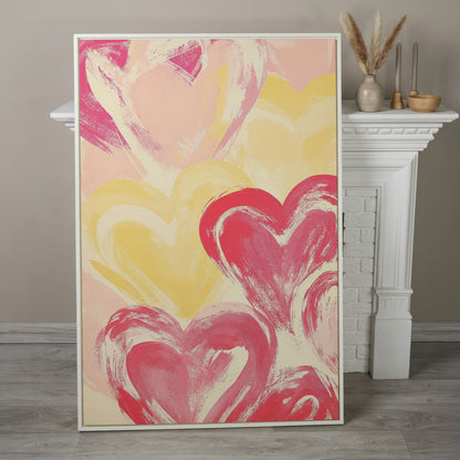 Pink & Yellow Heart Canvas Print in white floating frame