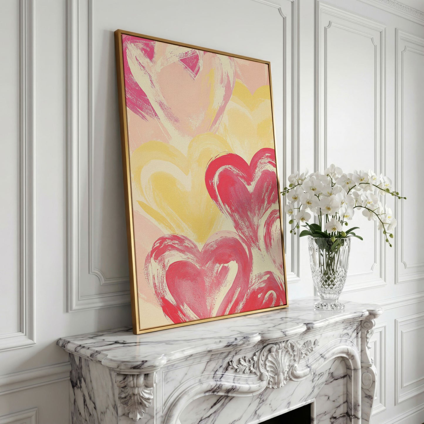 Pink & Yellow Heart Canvas Print in yellow gold floating frame