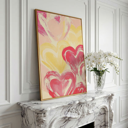 Pink & Yellow Heart Canvas Print in yellow gold floating frame