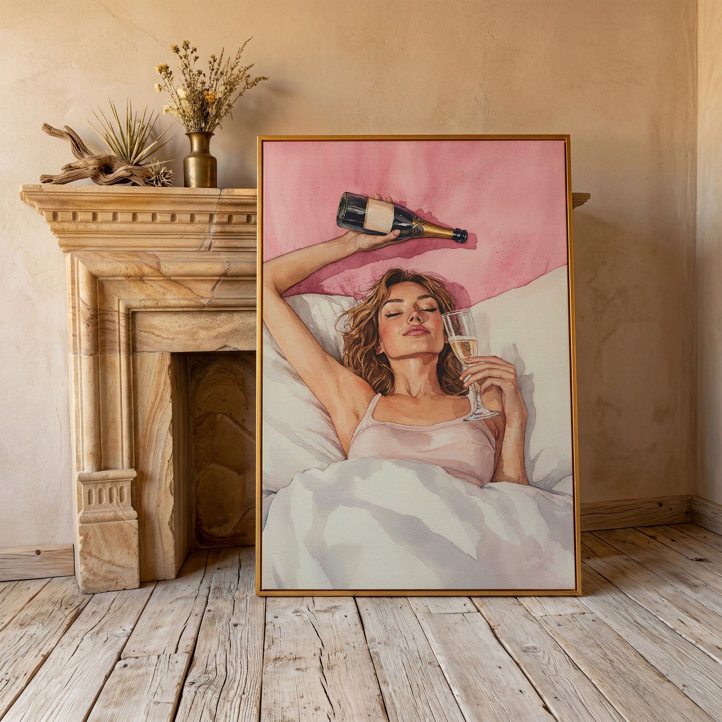 Woman with Champagne Canvas Print in antique gold floating frame