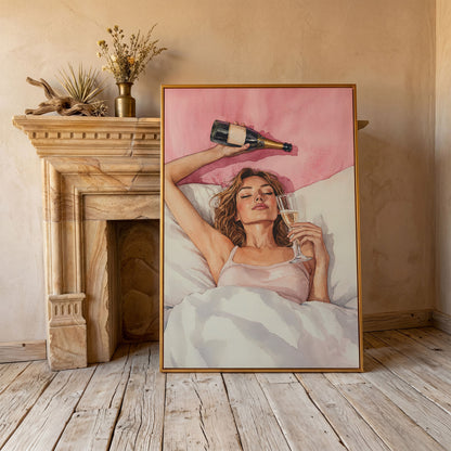 Woman with Champagne Canvas Print in antique gold floating frame