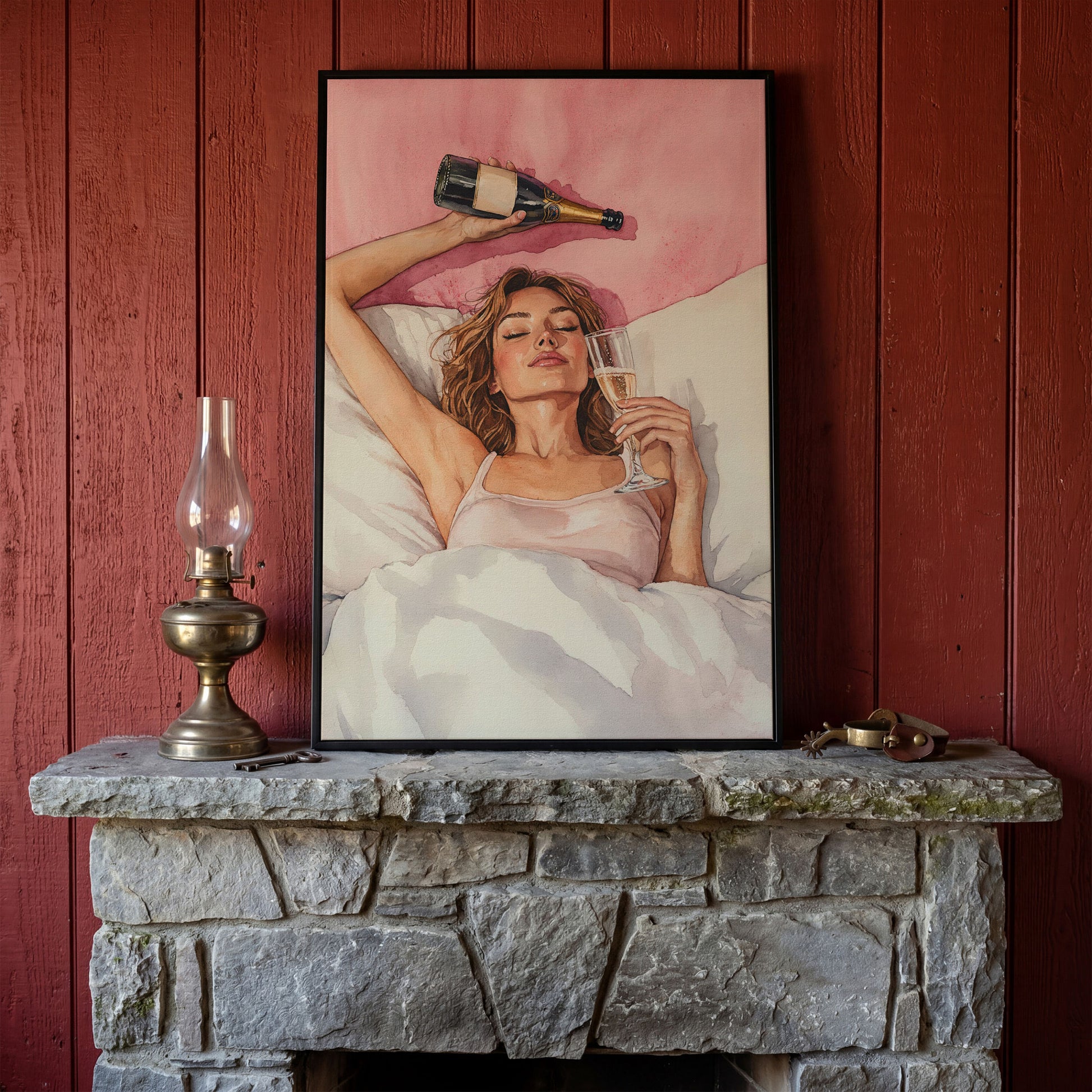 Woman with Champagne Canvas Print in black floating frame