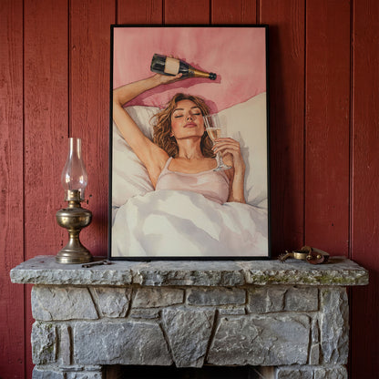 Woman with Champagne Canvas Print in black floating frame