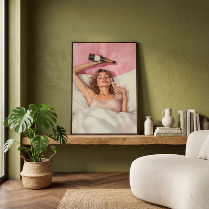 Woman with Champagne Canvas Print in dark walnut floating frame