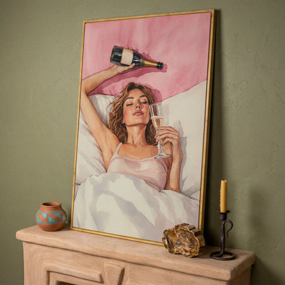 Woman with Champagne Canvas Print in white oak floating frame