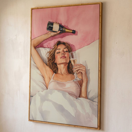 Woman with Champagne Canvas Print shown in white oak floating frame