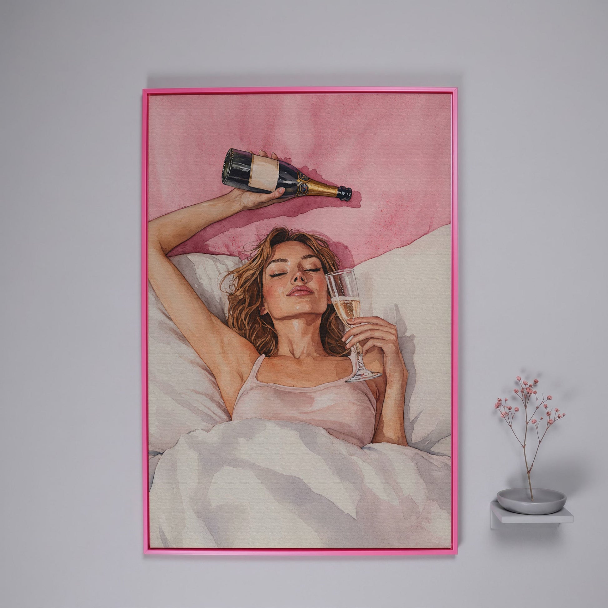 Woman with Champagne Canvas Print in pink floating frame