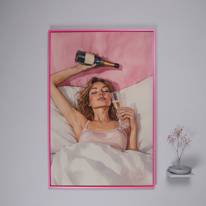 Woman with Champagne Canvas Print in pink floating frame