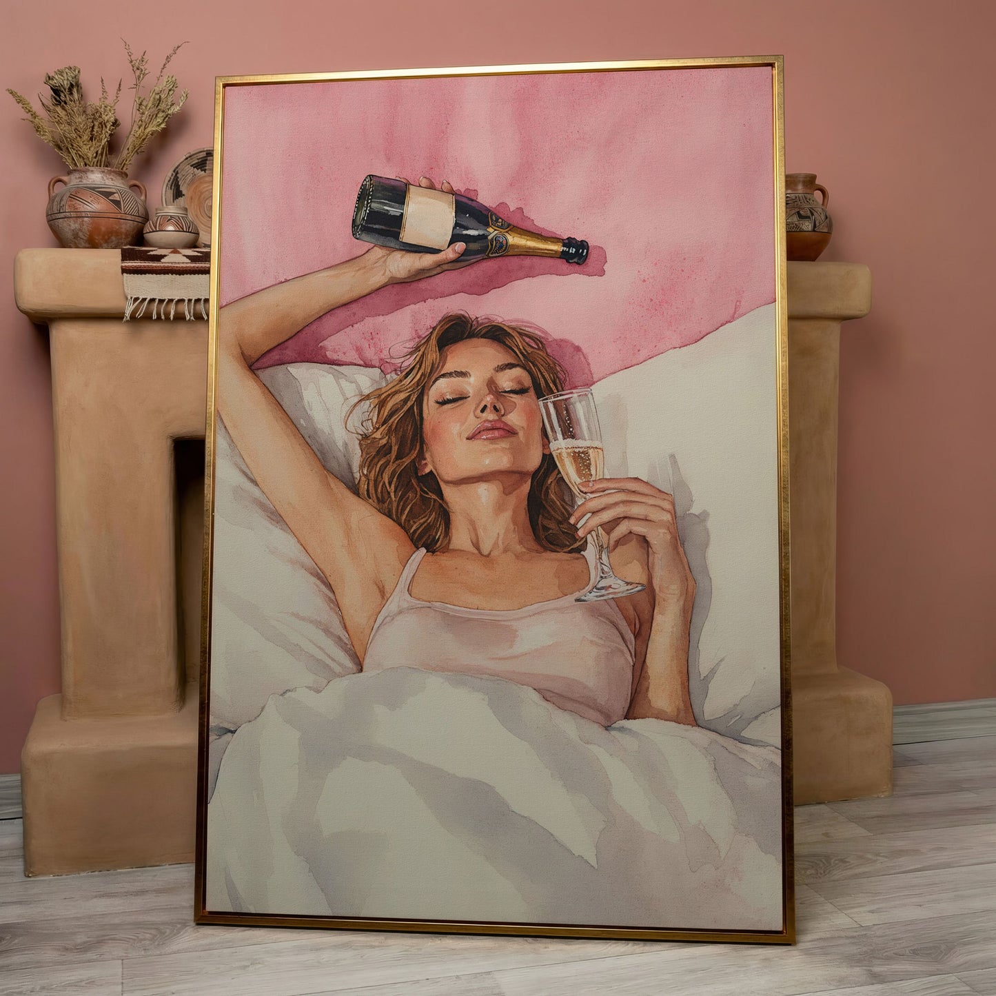Woman with Champagne Canvas Print in rose gold floating frame