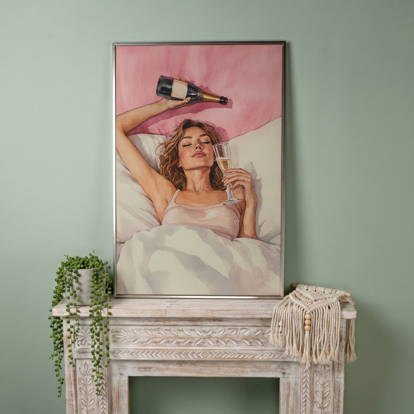Woman with Champagne Canvas Print in silver floating frame