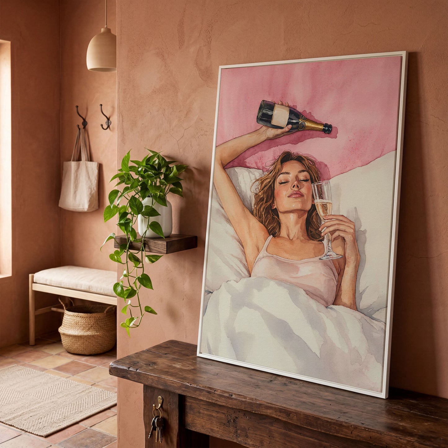Woman with Champagne Canvas Print in white floating frame