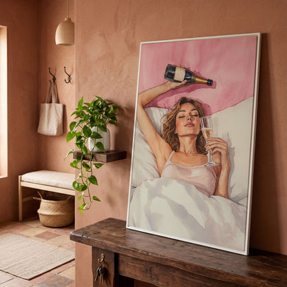 Woman with Champagne Canvas Print in white floating frame