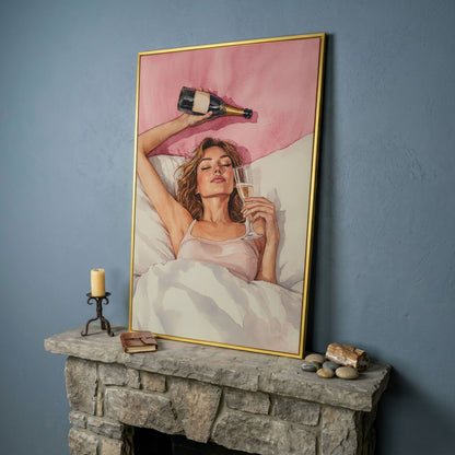 Woman with Champagne Canvas Print in yellow gold floating frame