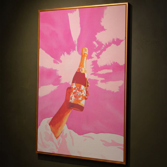Pink Champagne Celebration Abstract Canvas shown in antique gold floating frame