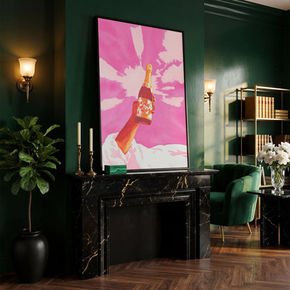 Pink Champagne Celebration Abstract Canvas in black floating frame