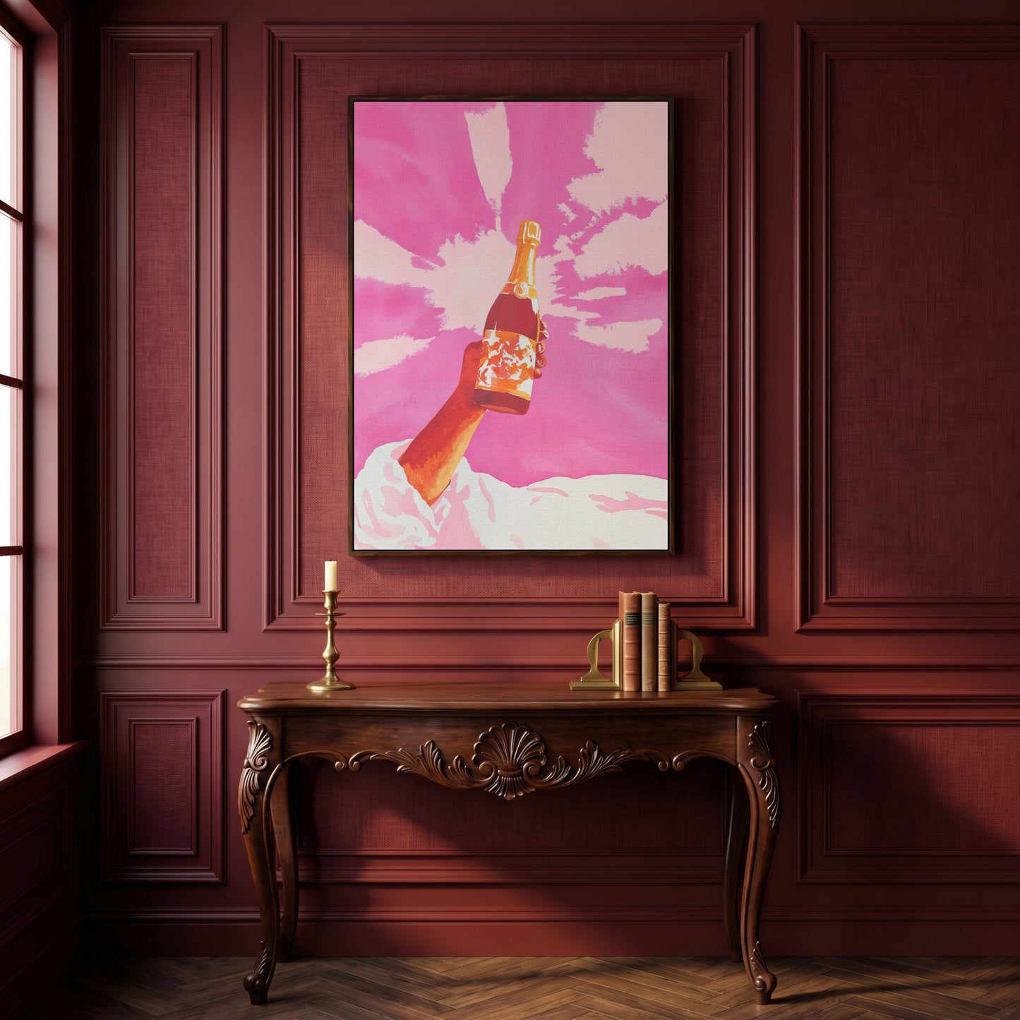 Pink Champagne Celebration Abstract Canvas in dark walnut floating frame