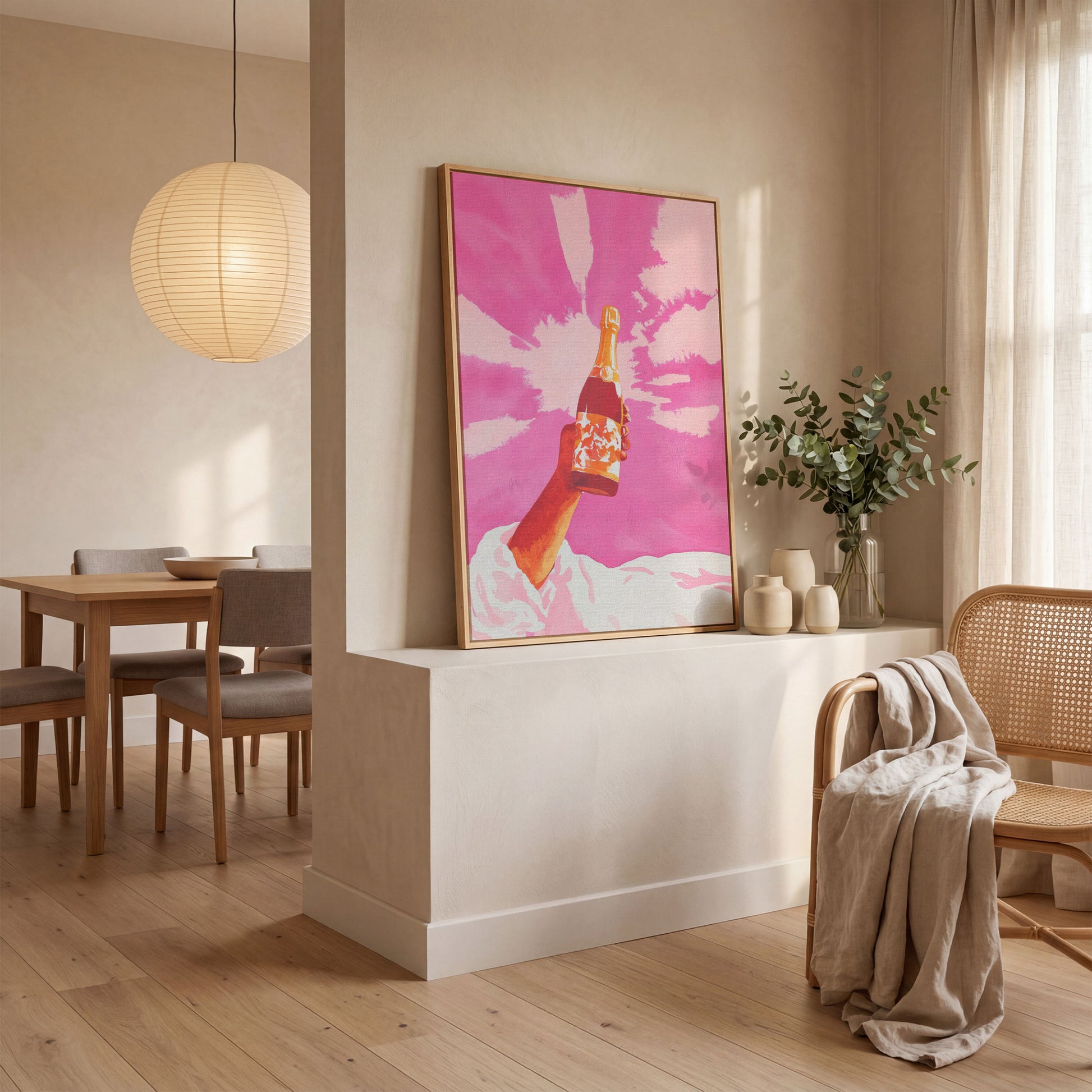 Pink Champagne Celebration Abstract Canvas in white oak floating frame