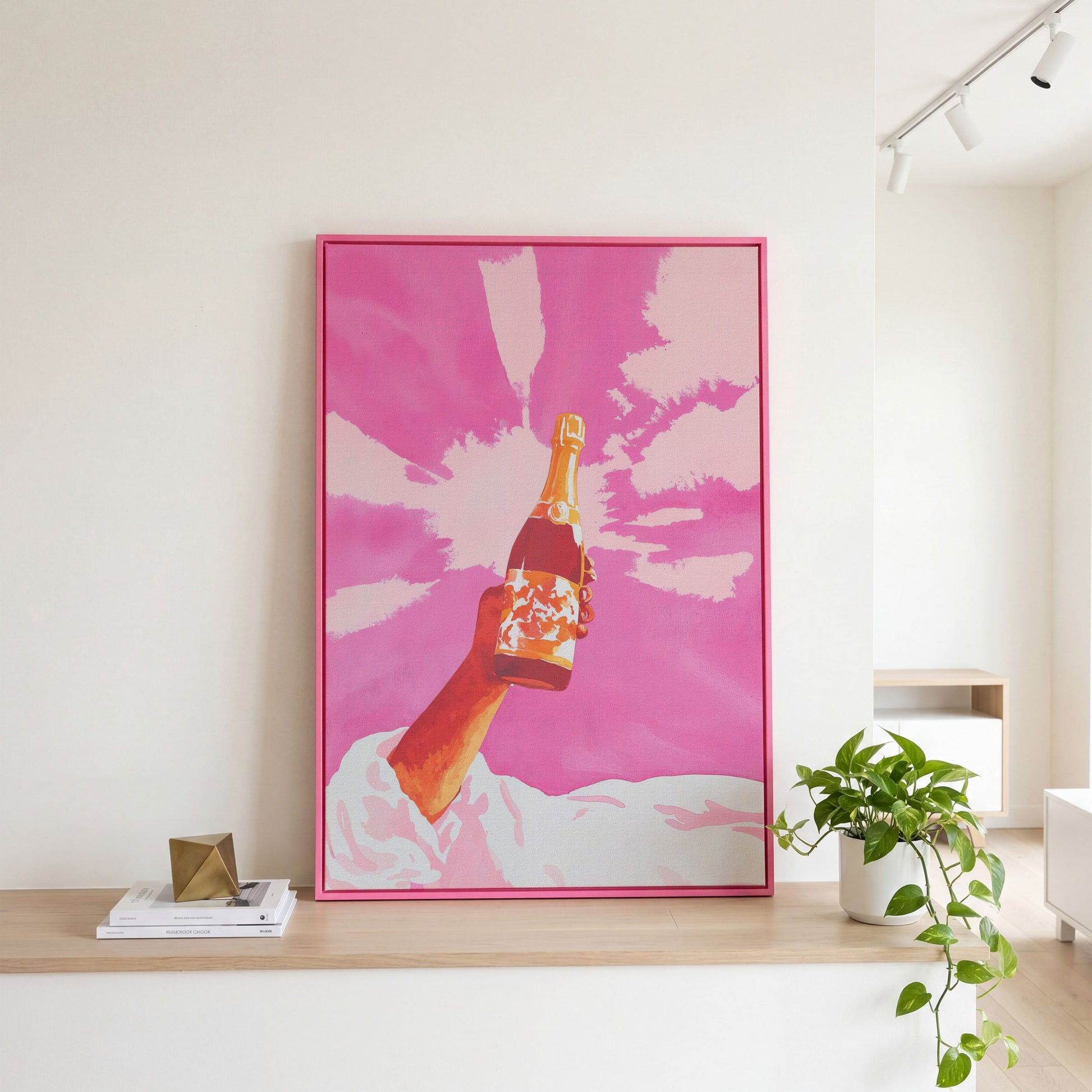 Pink Champagne Celebration Abstract Canvas in pink floating frame