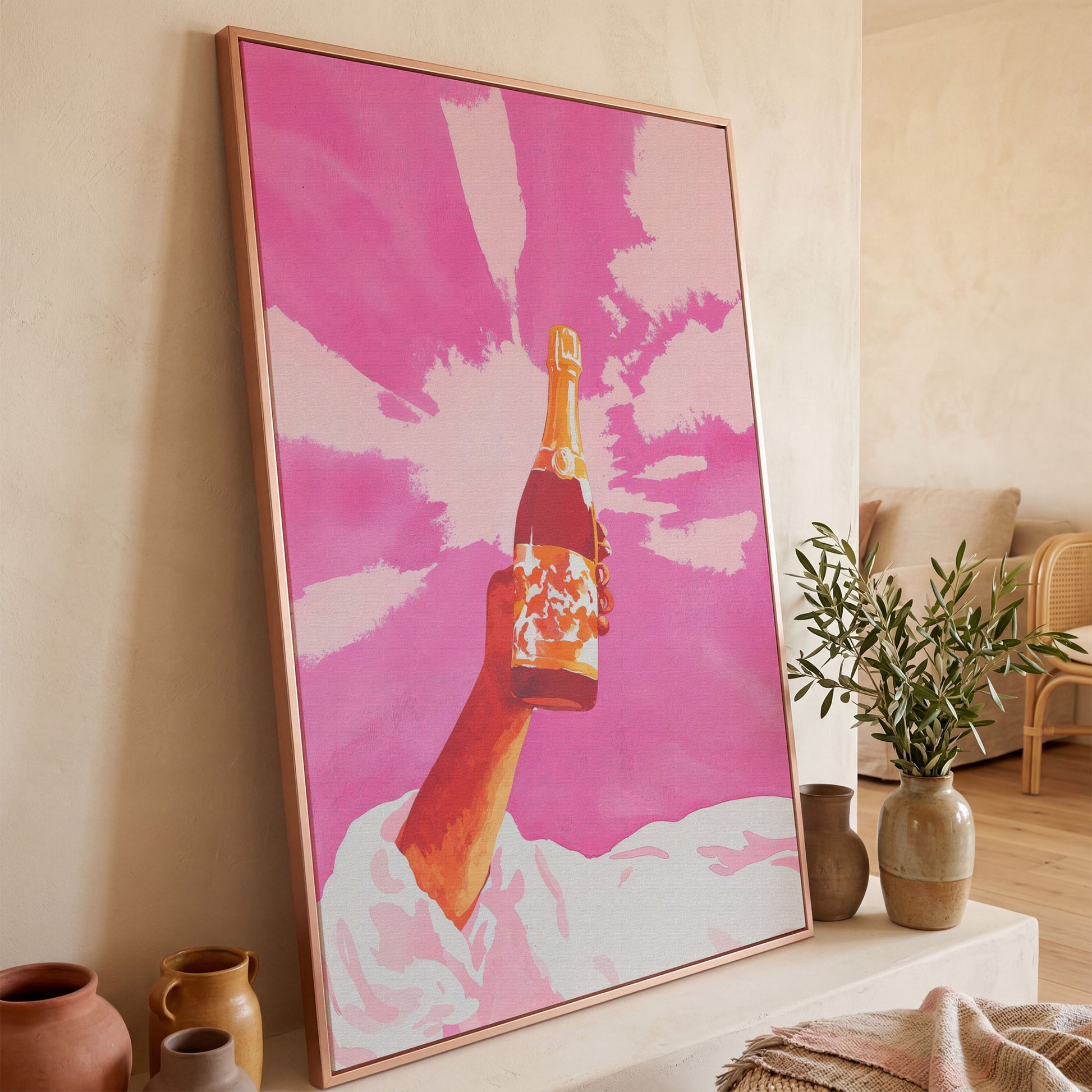 Pink Champagne Celebration Abstract Canvas in rose gold floating frame