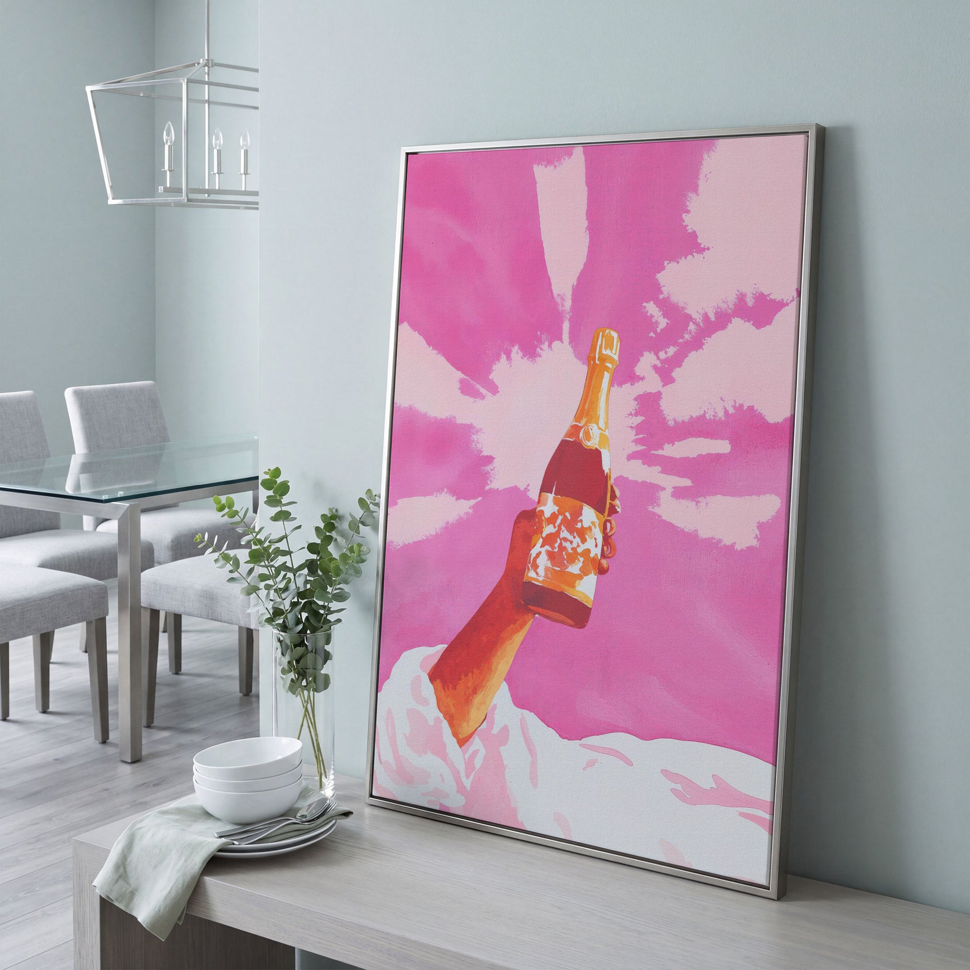 Pink Champagne Celebration Abstract Canvas in silver floating frame