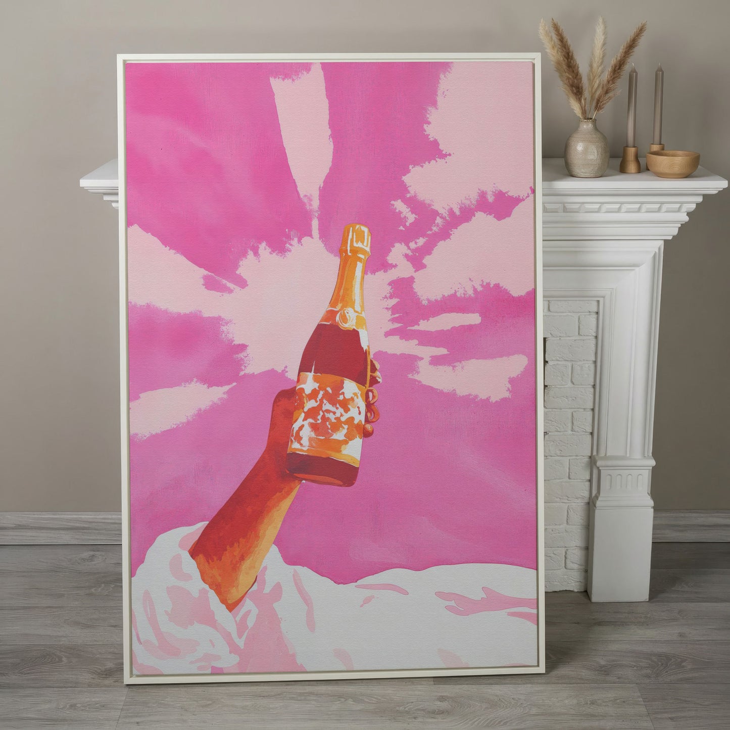 Pink Champagne Celebration Abstract Canvas in white floating frame