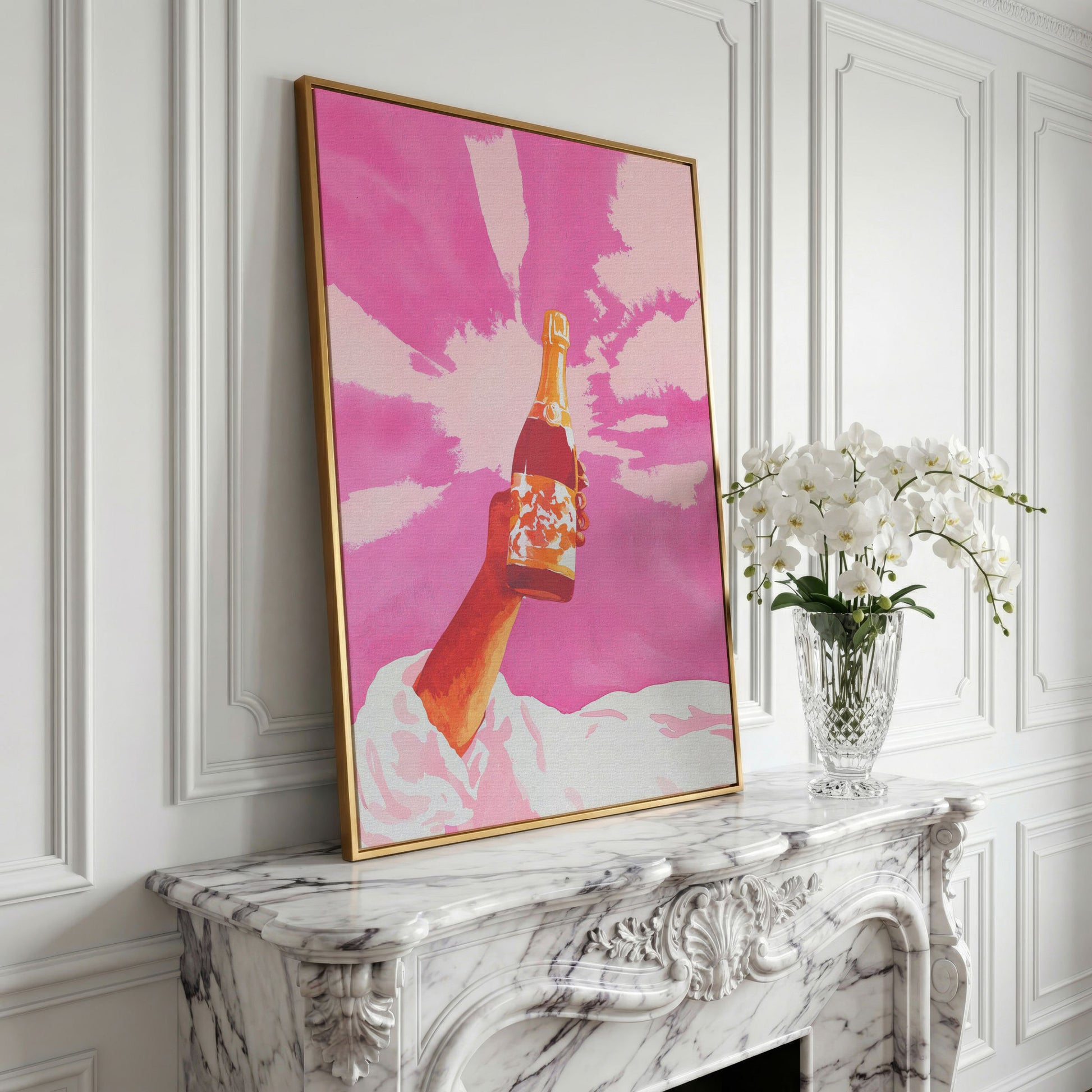 Pink Champagne Celebration Abstract Canvas in yellow gold floating frame