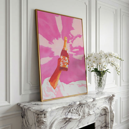 Pink Champagne Celebration Abstract Canvas in yellow gold floating frame