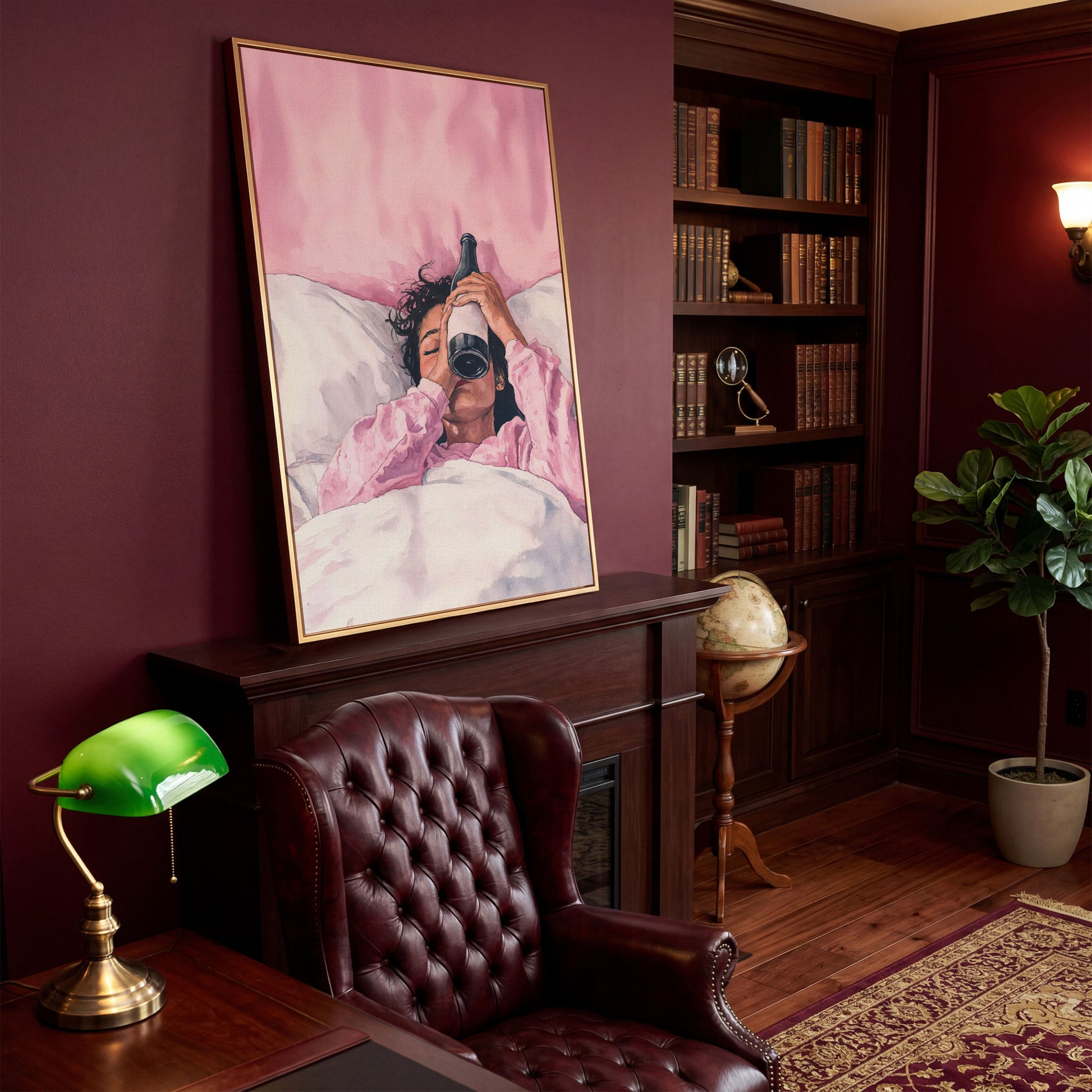 Pink & Champagne Female Portrait Canvas in antique gold floating frame
