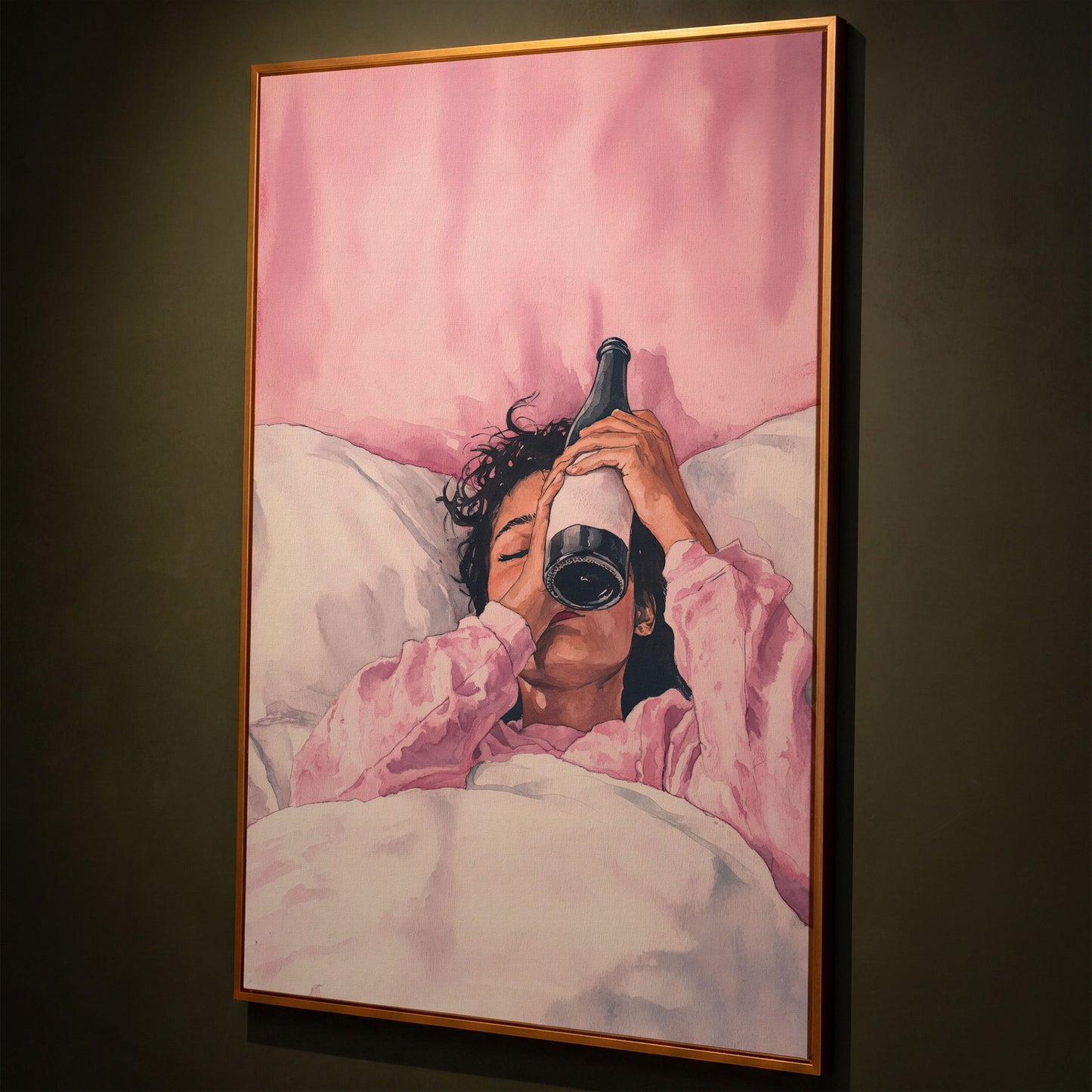 Pink & Champagne Female Portrait Canvas shown in antique gold floating frame