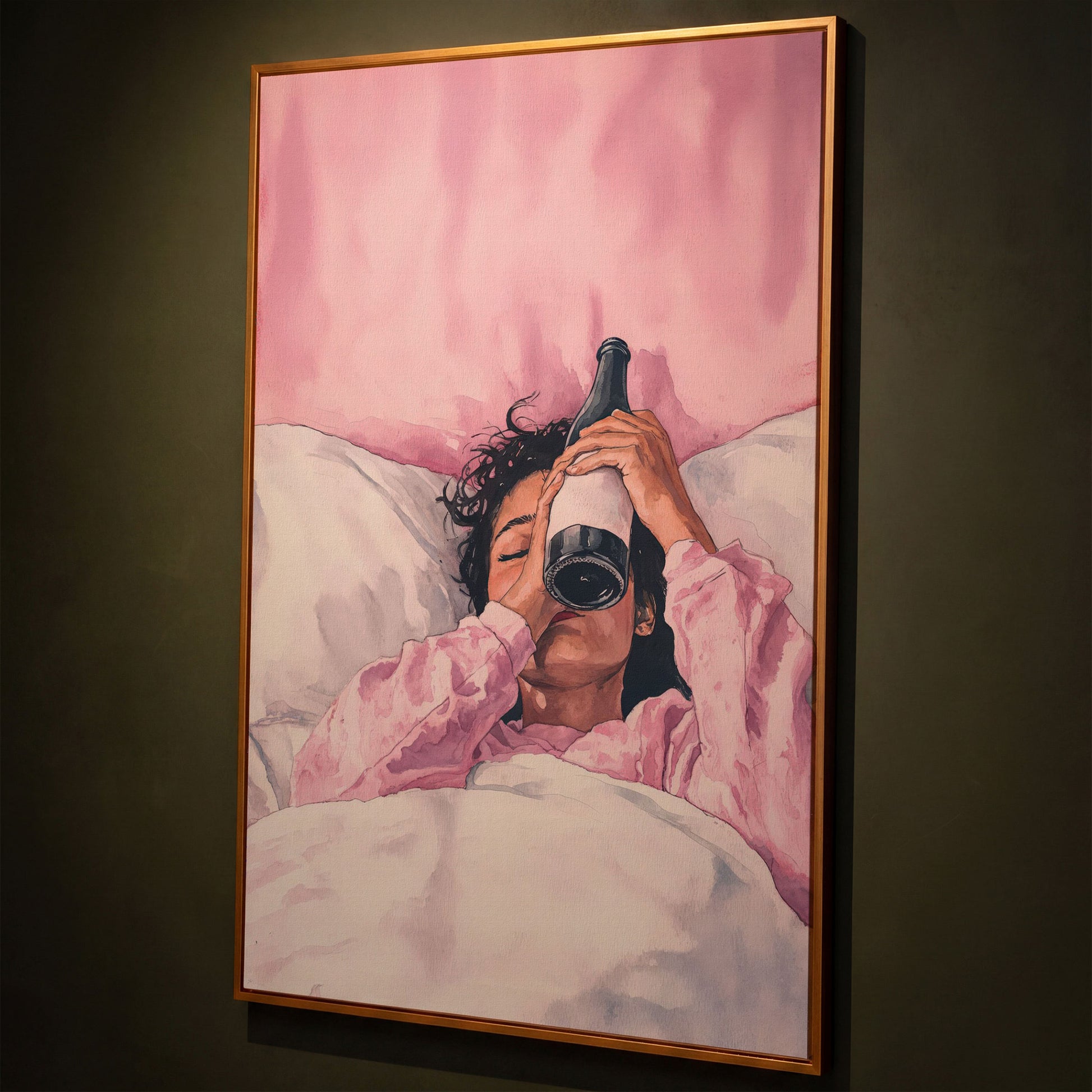 Pink & Champagne Female Portrait Canvas shown in antique gold floating frame