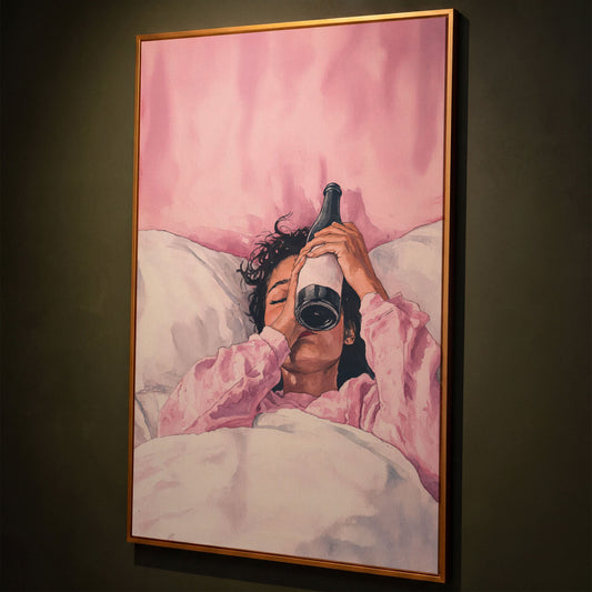 Pink & Champagne Female Portrait Canvas shown in antique gold floating frame