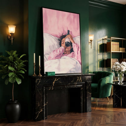 Pink & Champagne Female Portrait Canvas in black floating frame