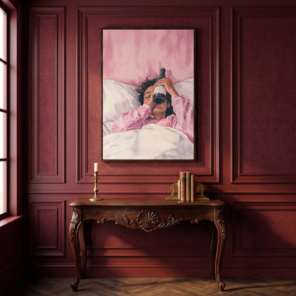 Pink & Champagne Female Portrait Canvas in dark walnut floating frame