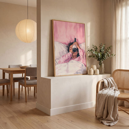 Pink & Champagne Female Portrait Canvas in white oak floating frame