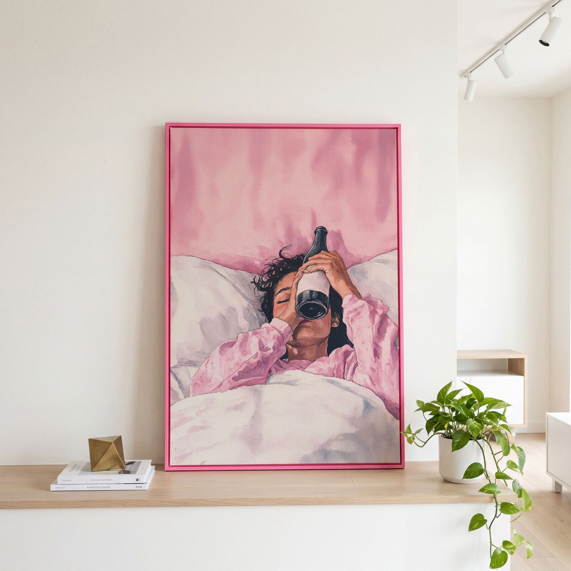 Pink & Champagne Female Portrait Canvas in pink floating frame