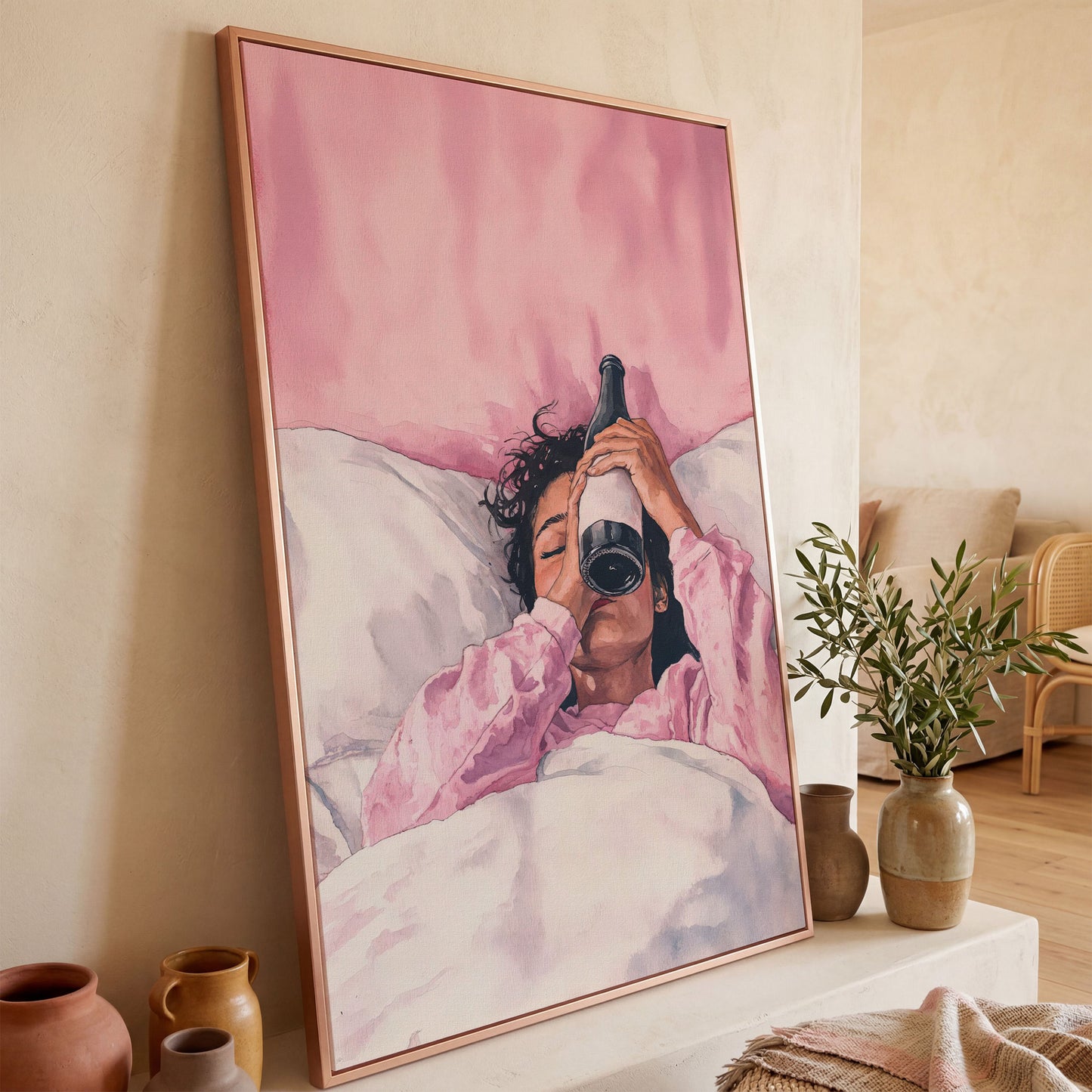 Pink & Champagne Female Portrait Canvas in rose gold floating frame