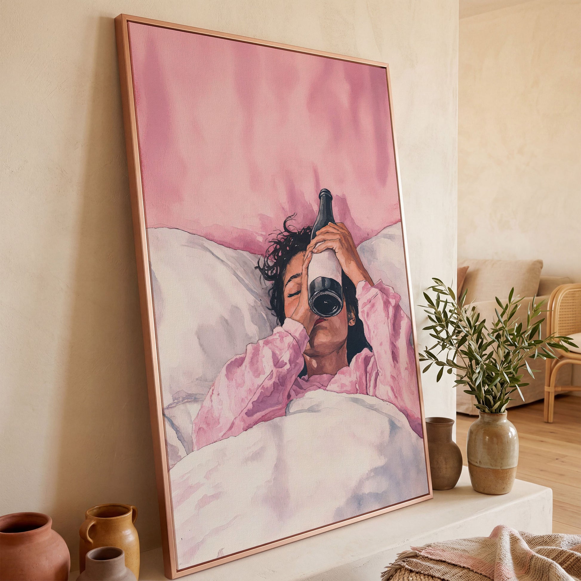 Pink & Champagne Female Portrait Canvas in rose gold floating frame