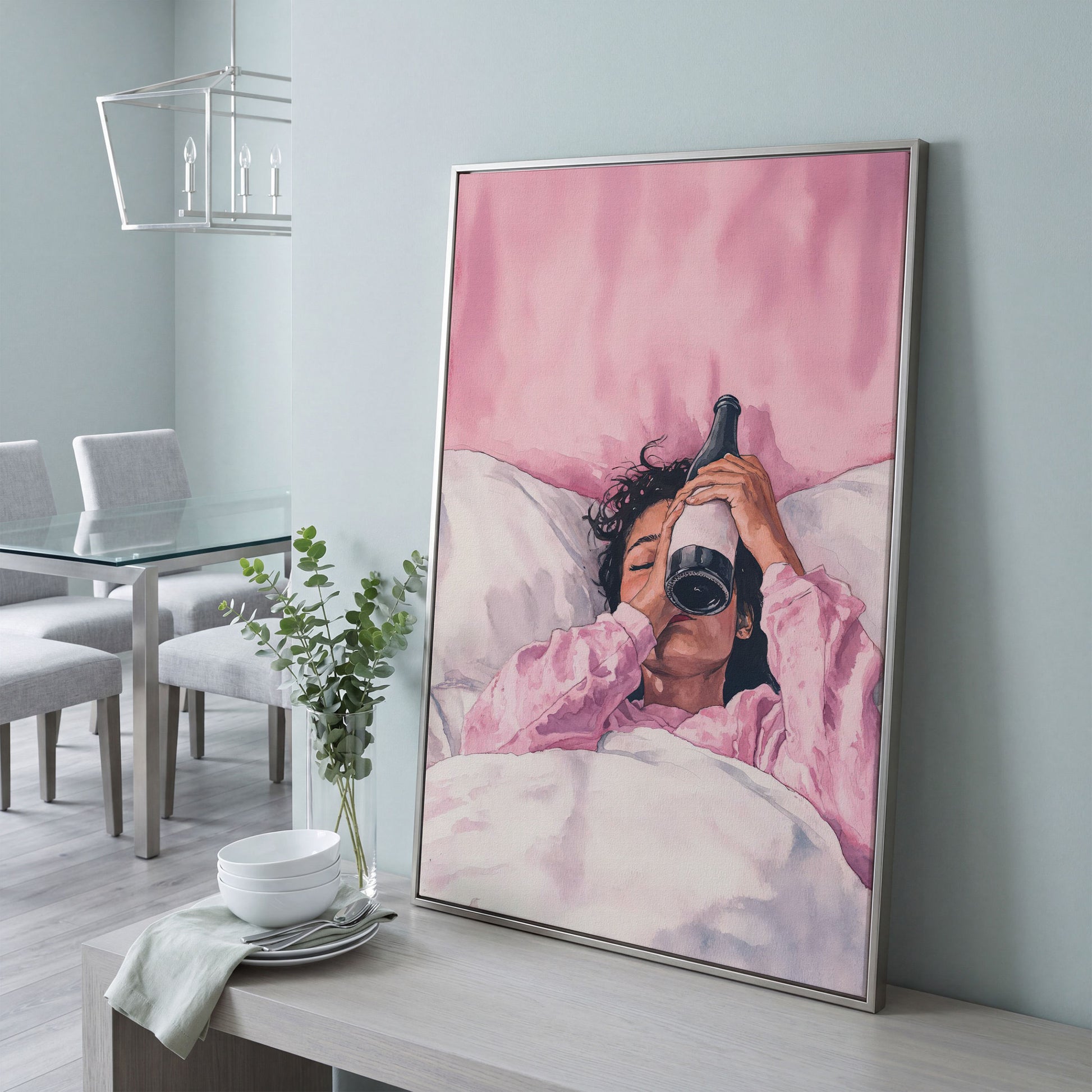 Pink & Champagne Female Portrait Canvas in silver floating frame