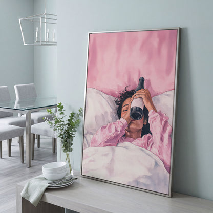 Pink & Champagne Female Portrait Canvas in silver floating frame