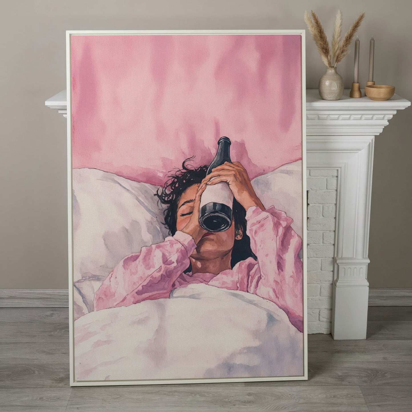 Pink & Champagne Female Portrait Canvas in white floating frame