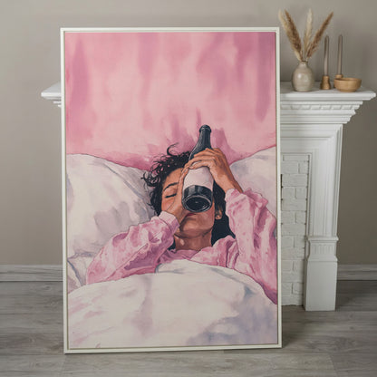 Pink & Champagne Female Portrait Canvas in white floating frame