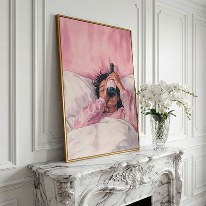 Pink & Champagne Female Portrait Canvas in yellow gold floating frame