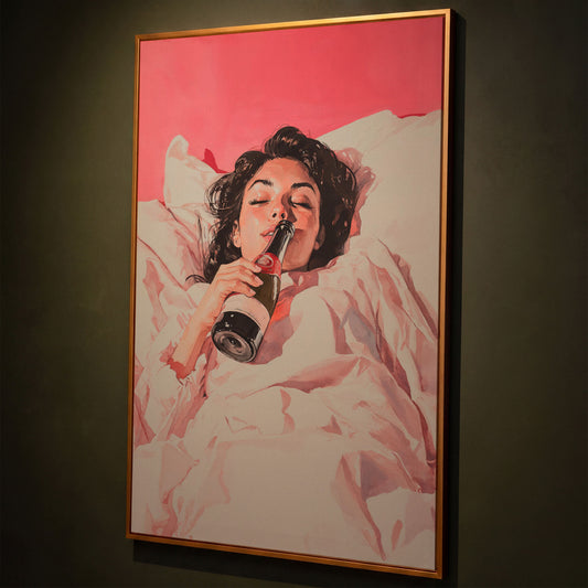 Elegant Woman with Champagne Canvas Print shown in antique gold floating frame
